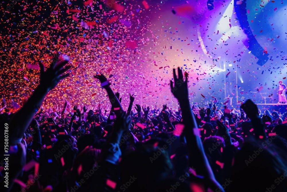 A massive crowd of people at a concert, celebrating with confetti-filled air, A confetti storm during a music concert, AI Generated