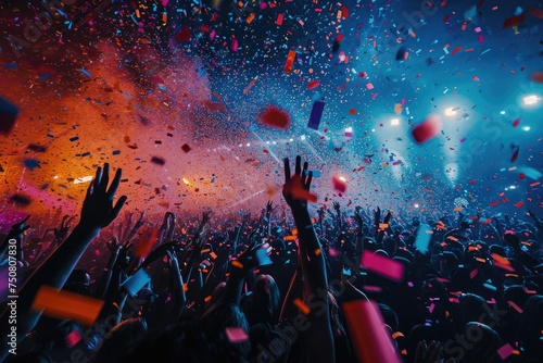 A massive crowd of enthusiastic concert-goers revel in the music as colorful confetti fills the air, A confetti storm during a music concert, AI Generated