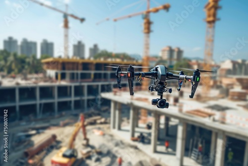 A large remote-controlled drone effortlessly hovers over a busy construction site capturing aerial footage, A construction site with autonomous delivery drones in full swing, AI Generated
