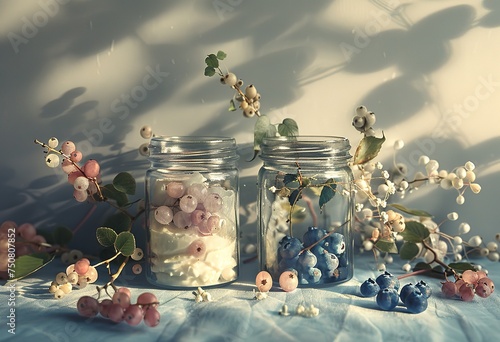 Delicious yogurt jars with fresh berries and whipped cream photo