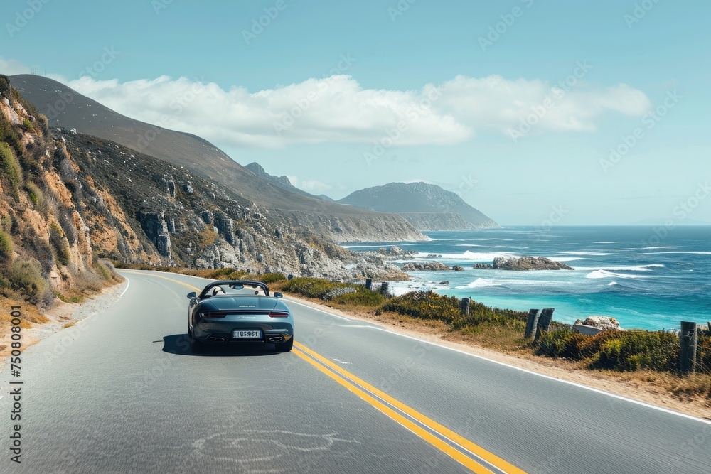 A car speeds down a coastal road with the beautiful ocean as a picturesque backdrop, A convertible sports car driving along a coastal road, AI Generated A car speeds down a coastal road with the beautiful ocean as a picturesque backdrop, A convertible sports car driving along a coastal road, AI Generated