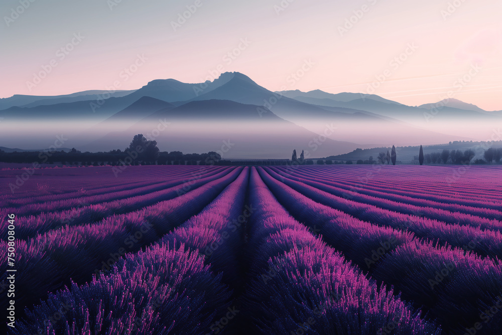 Misty lavender fields. Surreal landscape. Background image. Created with Generative AI technology. Misty lavender fields. Surreal landscape. Background image. Created with Generative AI technology.