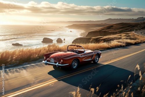A vibrant red car gracefully cruises along a picturesque road adjacent to the captivating beauty of the ocean, A convertible sports car driving along a coastal road, AI Generated