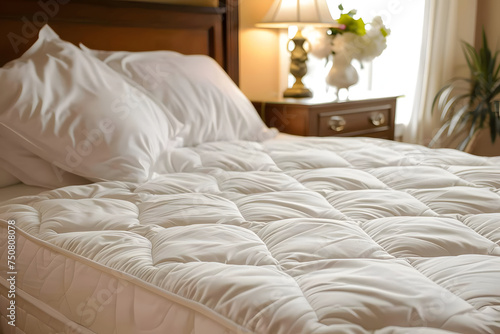 White bed, white quilted pattern mattress cover © CHAYAPORN