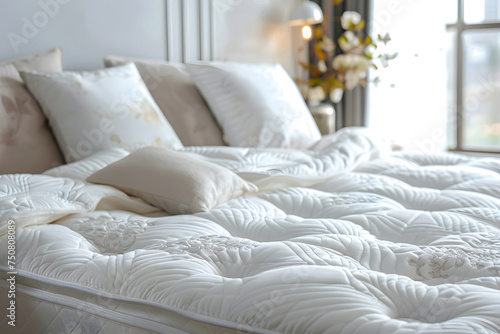 White bed, white quilted pattern mattress cover