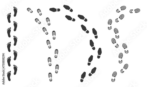 Foot Print Trails, Shoe Sole And Barefoot Prints Paths. Imprints Of Various Footwear And Human Feet, Black Silhouettes