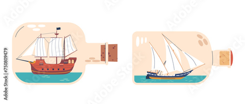 Miniature Vector Ships Inside Bottles. Intricate, Models Carefully Constructed And Ingeniously Inserted Into Glass Jars