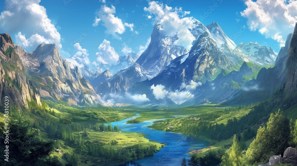 A breathtaking mountain landscape with a peaceful river winding through, harmonizing with the vivid blue sky.