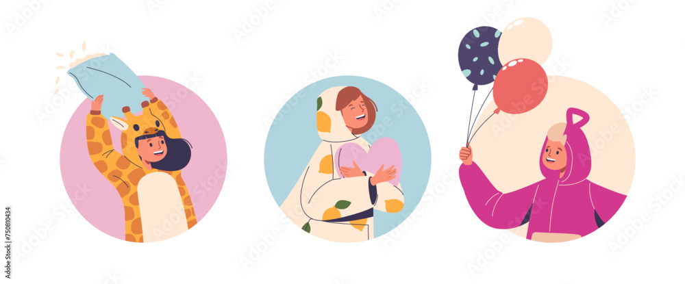Isolated Vector Round Icons Or Avatars With Cartoon Kids Characters in Cute Sleepwear For Pajama Party Ready for Fun