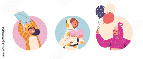 Isolated Vector Round Icons Or Avatars With Cartoon Kids Characters in Cute Sleepwear For Pajama Party Ready for Fun