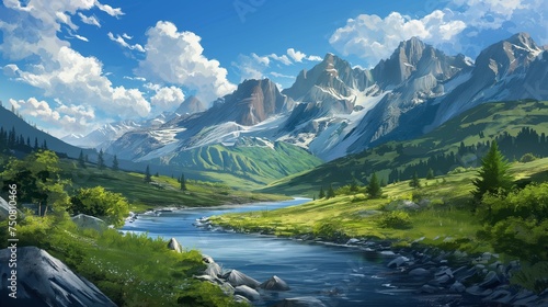 A breathtaking mountain landscape with a peaceful river winding through, harmonizing with the vivid blue sky.