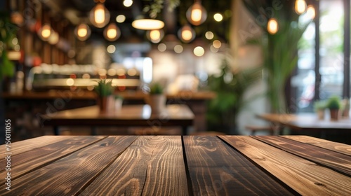 Empty wooden tabletop and blurred background of coffee shop. Image for display product