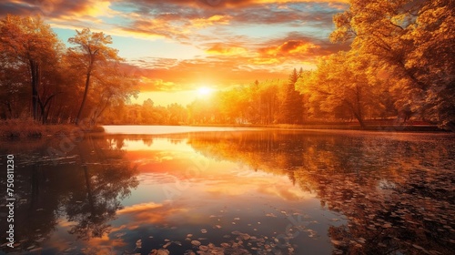 A breathtaking sunset over a lake surrounded by trees in their autumn colors  casting a warm and golden glow on the water s surface.
