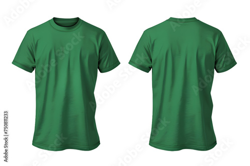 Front and back view of a green t-shirt template. Short-sleeved, mockups for design and print, isolated on a white or transparent background