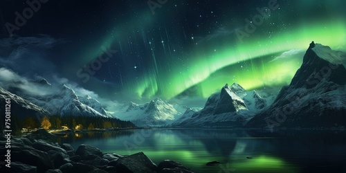 Ethereal image depicting the aurora borealis illuminating the starry night sky above a silhouette of pines