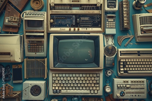 Illustrate the contrast between vintage technology and modern gadgets in creative compositions