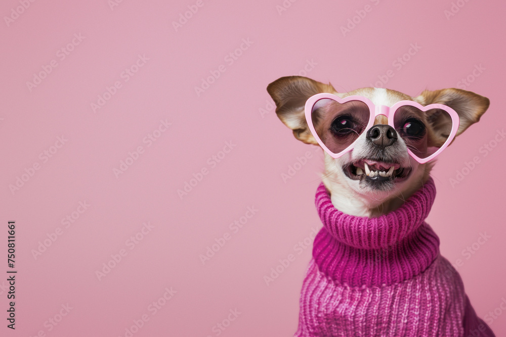 A dog wearing a cozy knitted sweater poised against a soft pink background, exuding warm vibes