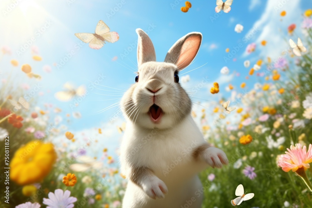 Easter cute happy smiling rabbit walking in a meadow among grass and spring blooming flowers, bunny looking at the camera Easter cute happy smiling rabbit walking in a meadow among grass and spring blooming flowers, bunny looking at the camera
