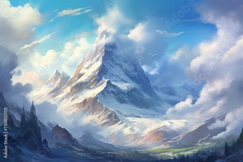 a mountain with snow and clouds