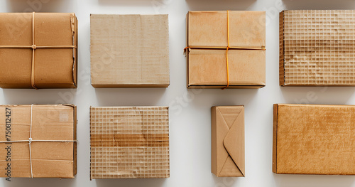 Directly above variation of packaging cardboard boxes on white background.