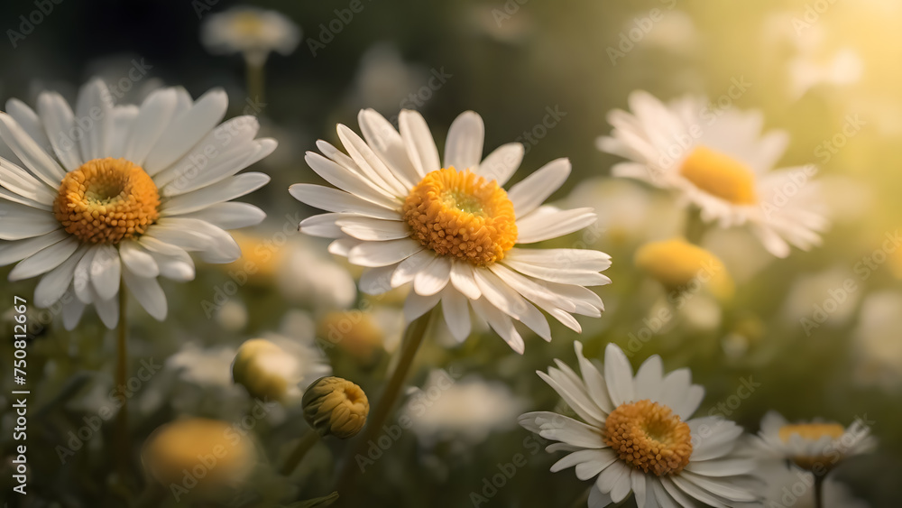 Close shot of daisies in the meadow