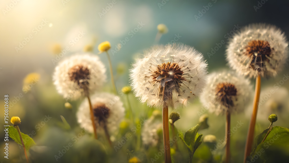 Close shot of dandelions in the meadow