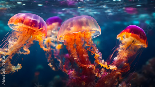 Colorful jellyfishes in the sea © DimaSabaka