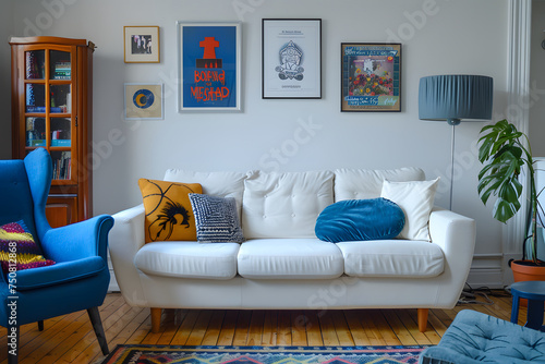 White sofa and blue armchair in living room