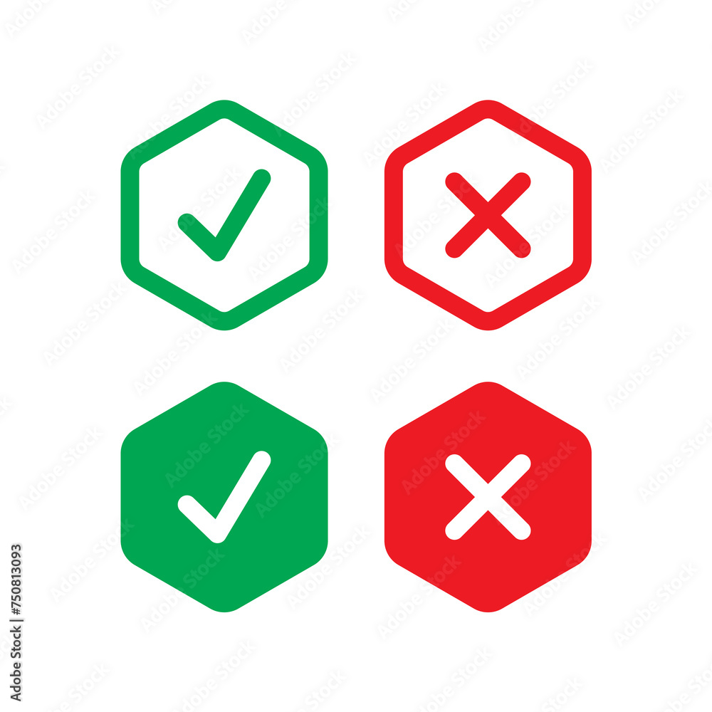 green check sign, red cancel sign set. confirmation symbol and cancel symbol inside hexagon green check sign, red cancel sign set. confirmation symbol and cancel symbol inside hexagon