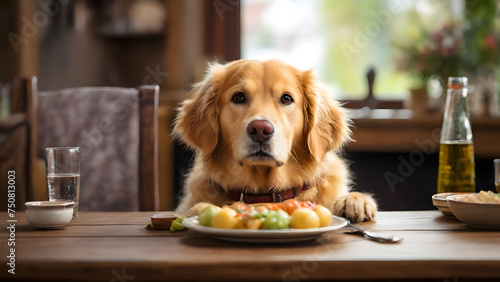 A golden retriever sitting at the dining table in front of a plate of food