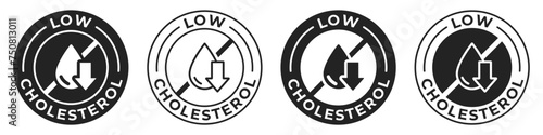 Low cholesterol label. Trans fat free icon. Low cholesterol illustration for product packaging logo, sign, symbol or emblem. Zero calories badge isolated.