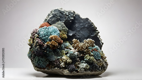 Large black stone overgrown with coral on a white background