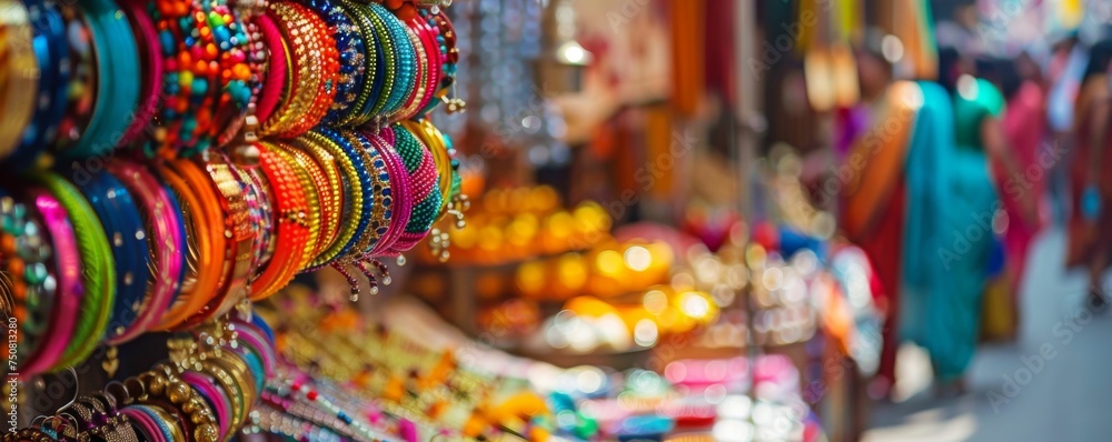 Vibrant Bazaar of Bangles: A Colorful Array of Indian Jewelry on Display