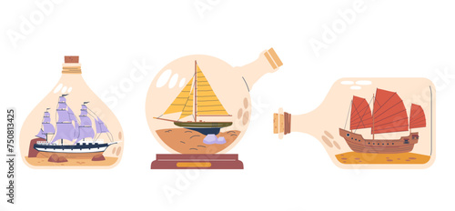 Miniature Ship Models Inside Glass Bottles. Intricate Nautical Vessels Meticulously Crafted And Assembled Through Neck