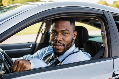 A man with a beard and a blue shirt is driving a car