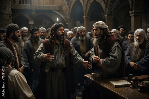 Division under the Pharisees about Jesus, created with Generative AI technology