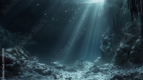 Sunlight Streams Through a Mysterious Underwater Cave, Illuminating the Rocky Textures in the Deep Blue Water