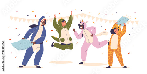 Kids Pajamas Party. Boys And Girls In Kigurumi Unicorn, Shark, Dinosaur And Giraffe Animal Overalls. Fight on Pillows