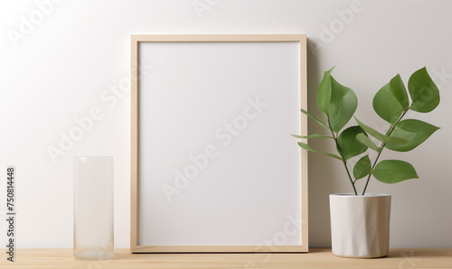 a wooden board and a framed poster mock up with green leaves on it сreated with Generative Ai