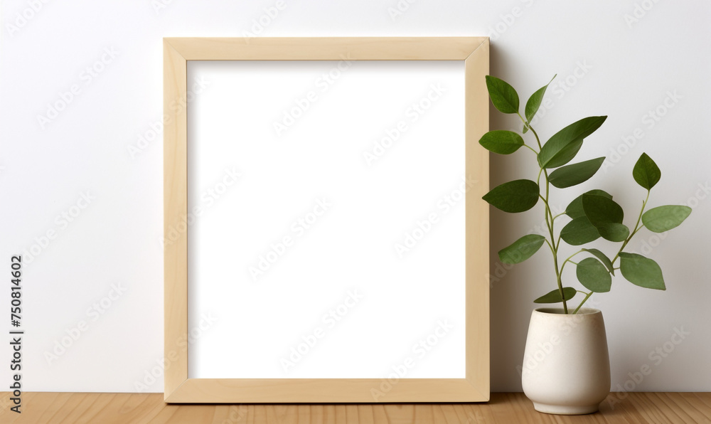 a wooden board and a framed poster mock up with green leaves on it сreated with Generative Ai a wooden board and a framed poster mock up with green leaves on it сreated with Generative Ai