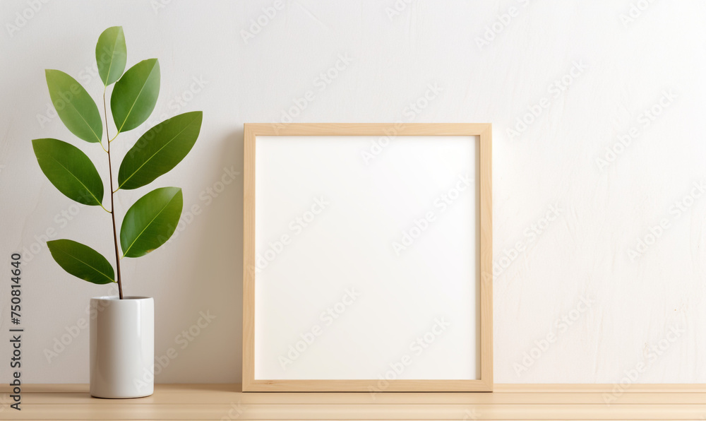 a wooden board and a framed poster mock up with green leaves on it сreated with Generative Ai a wooden board and a framed poster mock up with green leaves on it сreated with Generative Ai