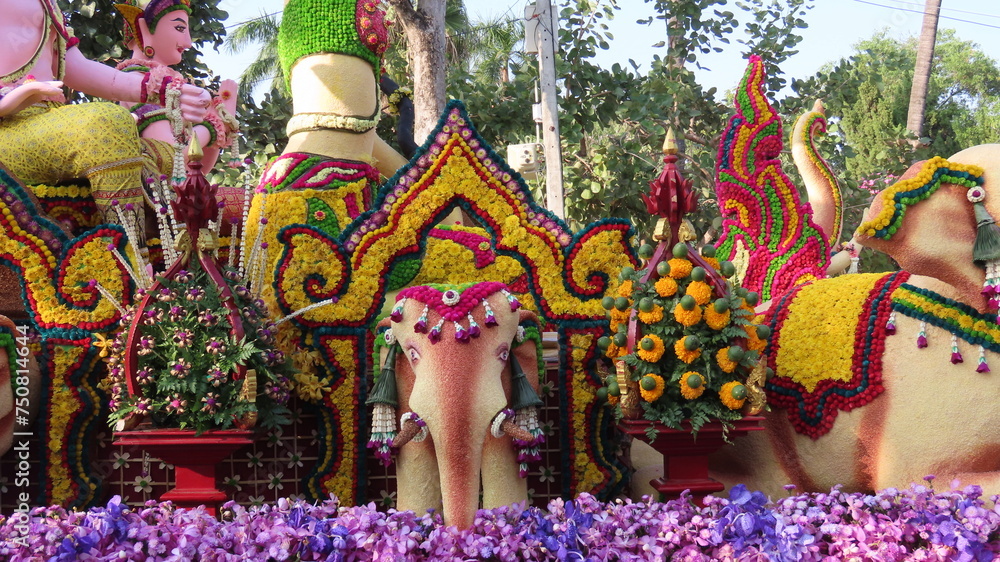 Beautifully decorated flower floats at the flower festival in Chiang Mai, Thailand on February 1st, 2024