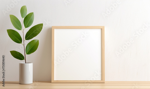 a wooden board and a framed poster mock up with green leaves on it сreated with Generative Ai
