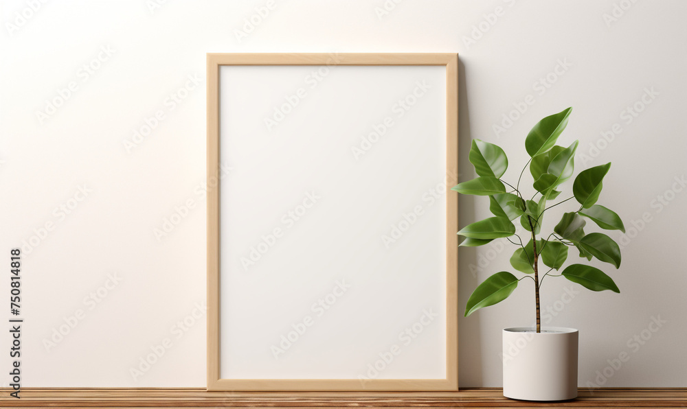 a wooden board and a framed poster mock up with green leaves on it сreated with Generative Ai a wooden board and a framed poster mock up with green leaves on it сreated with Generative Ai