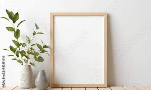a wooden board and a framed poster mock up with green leaves on it сreated with Generative Ai photo