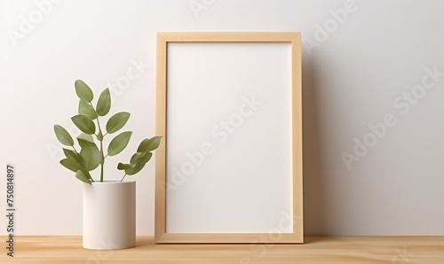 a wooden board and a framed poster mock up with green leaves on it сreated with Generative Ai