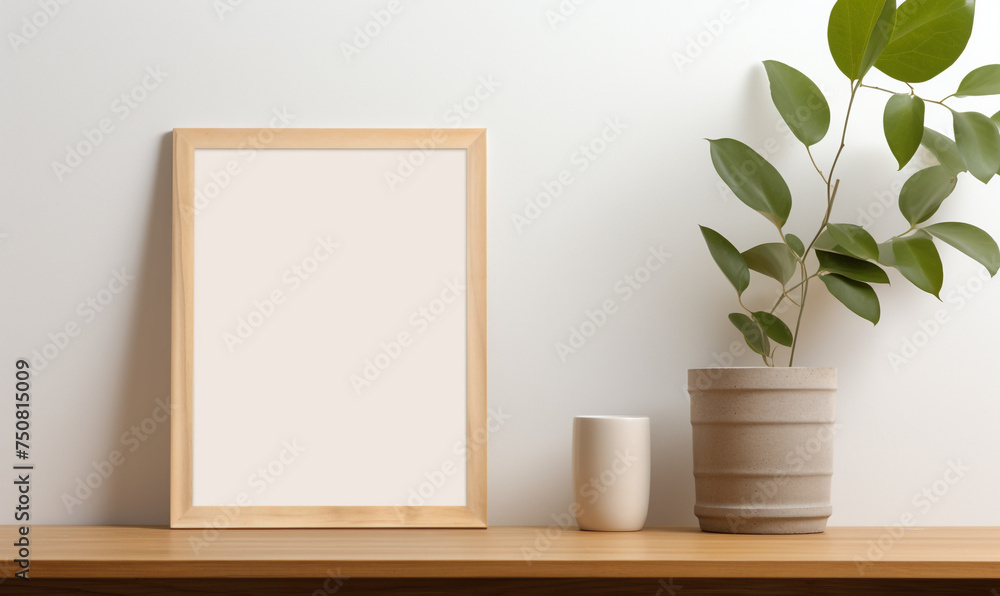 a wooden board and a framed poster mock up with green leaves on it сreated with Generative Ai a wooden board and a framed poster mock up with green leaves on it сreated with Generative Ai