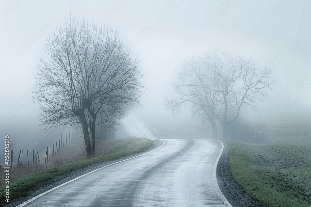Road in the fog. Misty landscape. Background image. Created with Generative AI technology. Road in the fog. Misty landscape. Background image. Created with Generative AI technology.