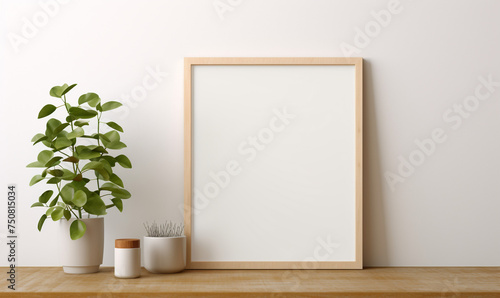 a wooden board and a framed poster mock up with green leaves on it сreated with Generative Ai