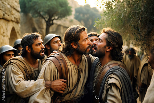 Jesus Betrayed by the Kiss of Judas, created with Generative AI technology photo